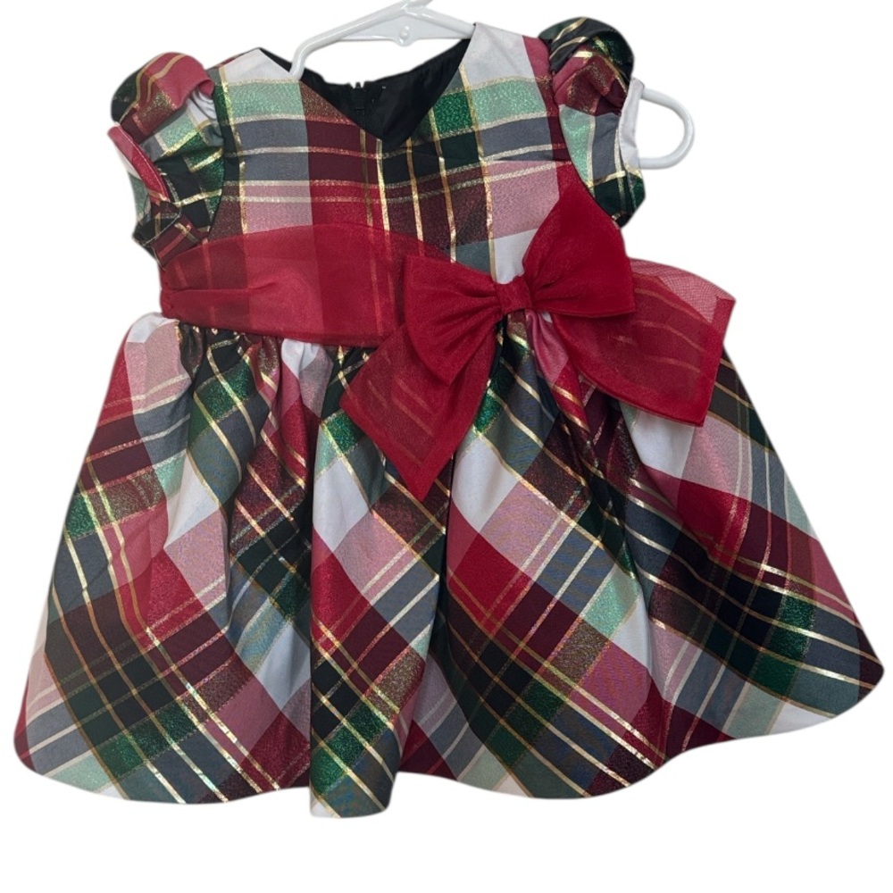 BONNIE BABY Baby Girl's Christmas Holiday Colorful Gold Plaid Stripes Dress 6/9M